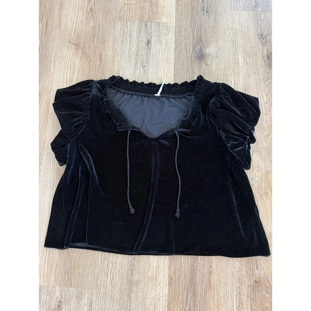 Free People Velvet Top Women S Black Puff Sleeve Tie Neck Boho Witchy Coquette